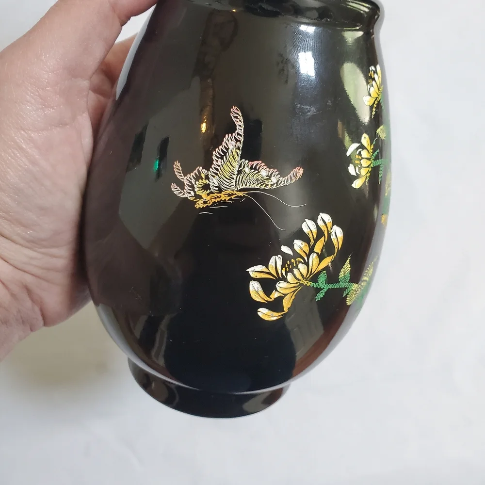 Black Lacquer Flower Butterfly Vase AS IS